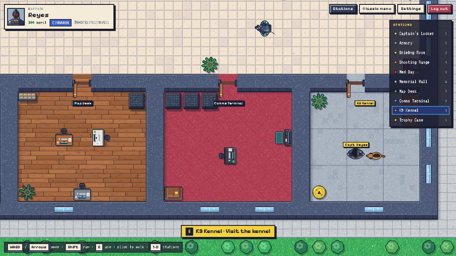 The walkable HQ: the captain in the hall between the armory, briefing room and shooting range.