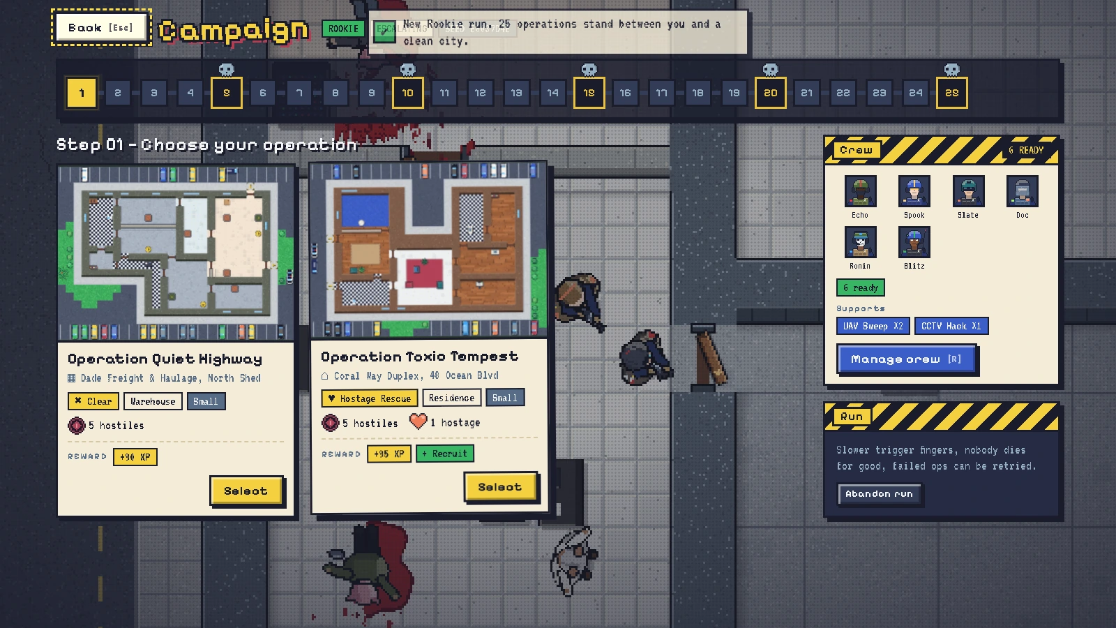 BREACHPOINT screenshot: Roguelite Operations: 25 steps, boss ops every fifth, two generated buildings per step