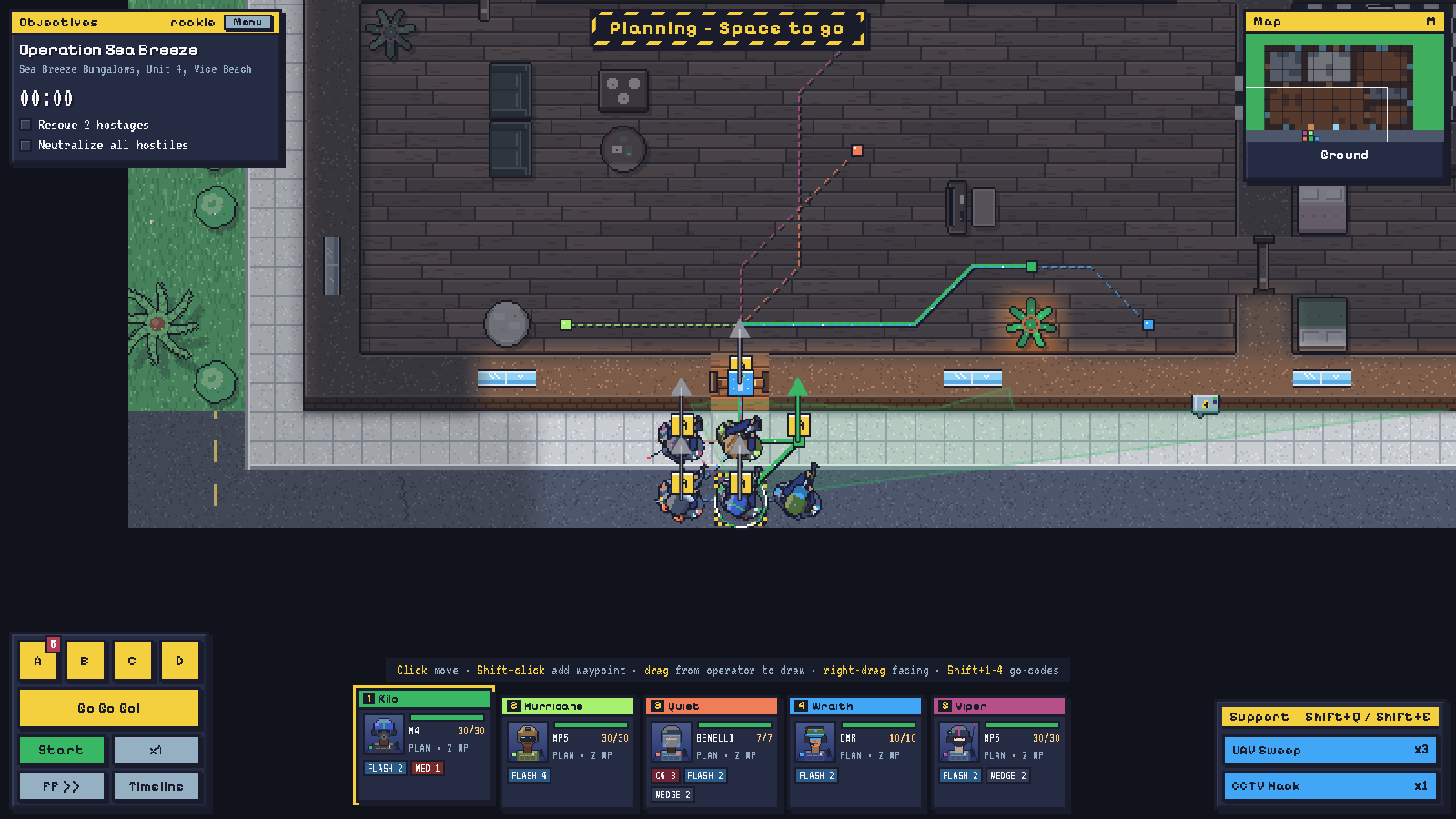 BREACHPOINT screenshot: Plan the breach: drawn routes, go-codes, stacks on the door and vision cones, then unpause