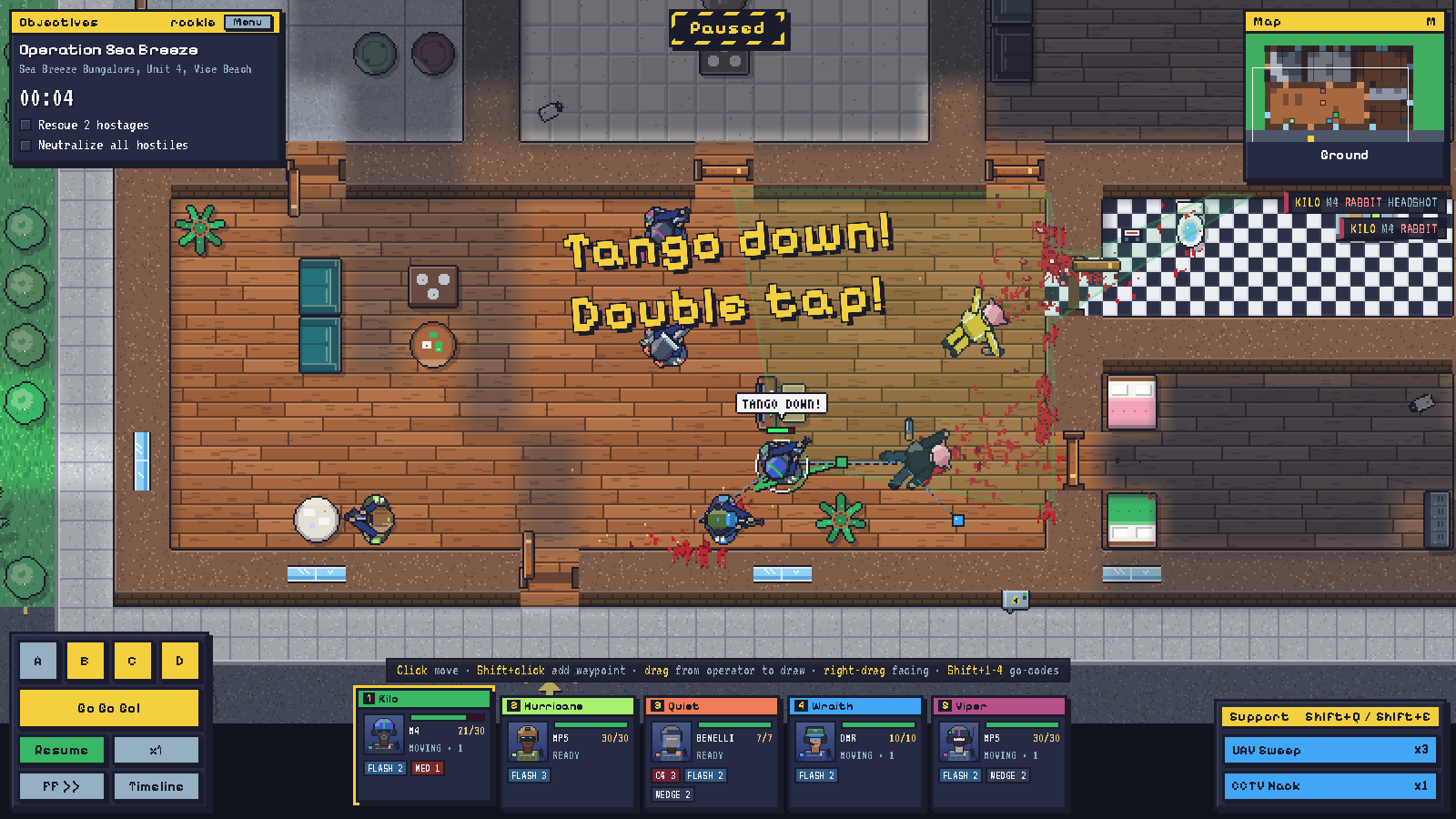 BREACHPOINT screenshot: Room clear: animal-masked thugs, comic pops, killfeed and blood that stays