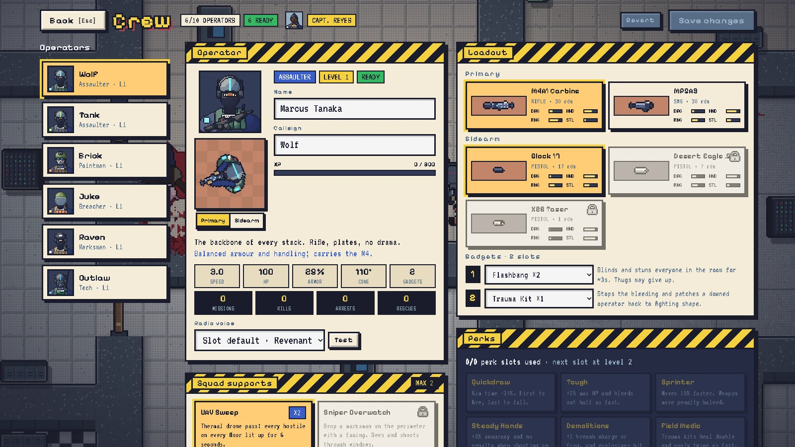 BREACHPOINT screenshot: Crew: class kit, primary and sidearm, gadgets, perks, radio voice and supports