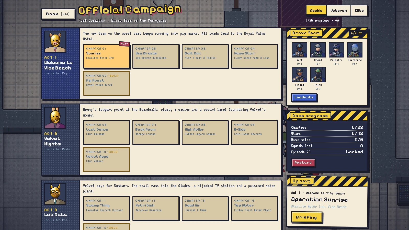 BREACHPOINT screenshot: 25 hand-built chapters in Port Coralina, five acts, five golden-mask bosses
