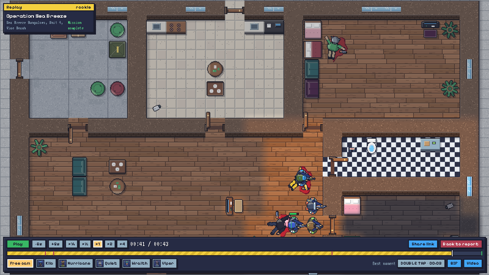 BREACHPOINT screenshot: Replays: scrub any run, follow one operator, export a GIF