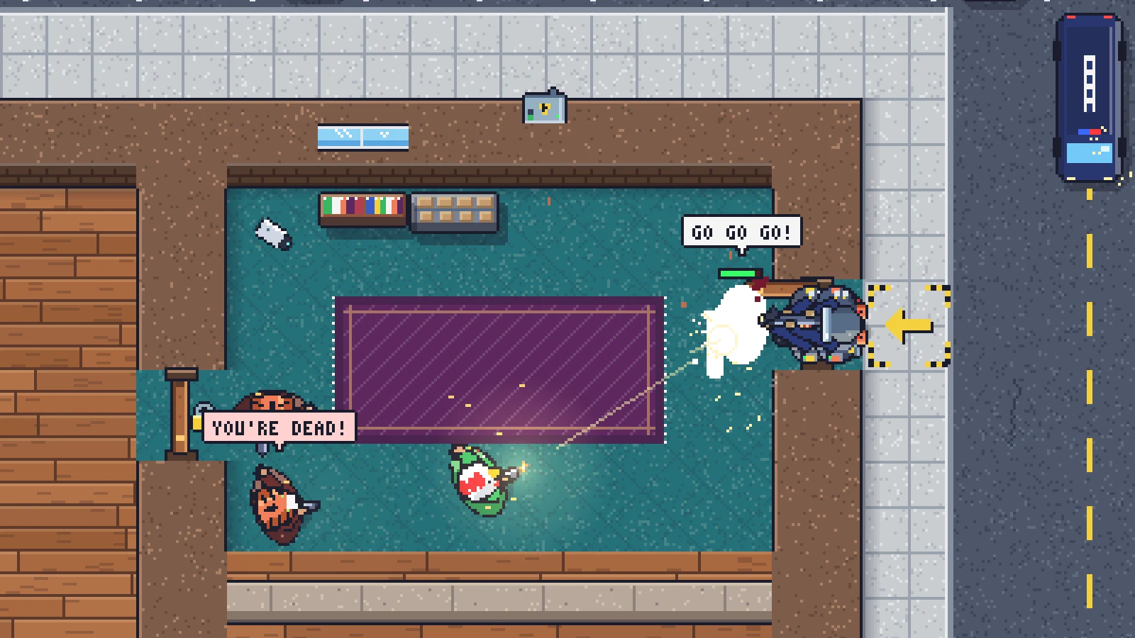 A shield operator leads the stack into a room while masked thugs open fire on the plate.